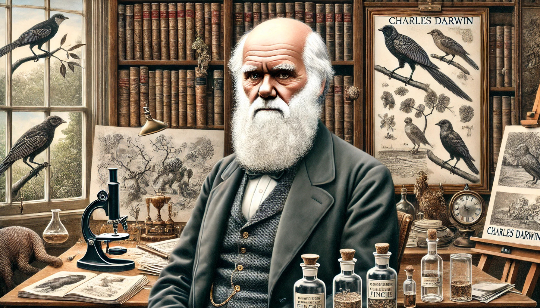 Een gedetailleerde afbeelding van Charles Darwin, een oudere man met een volle witte baard, gekleed in een donker pak met een vest en een vlinderdas. Hij staat in een studeerkamer vol boeken en wetenschappelijke instrumenten, zoals potjes met specimens, een microscoop en tekeningen van vinken. Er zijn ook schetsen van de Galápagos-eilanden en verschillende planten en dieren. De sfeer is wetenschappelijk en reflectief, wat de toewijding van Darwin aan zijn werk weerspiegelt.