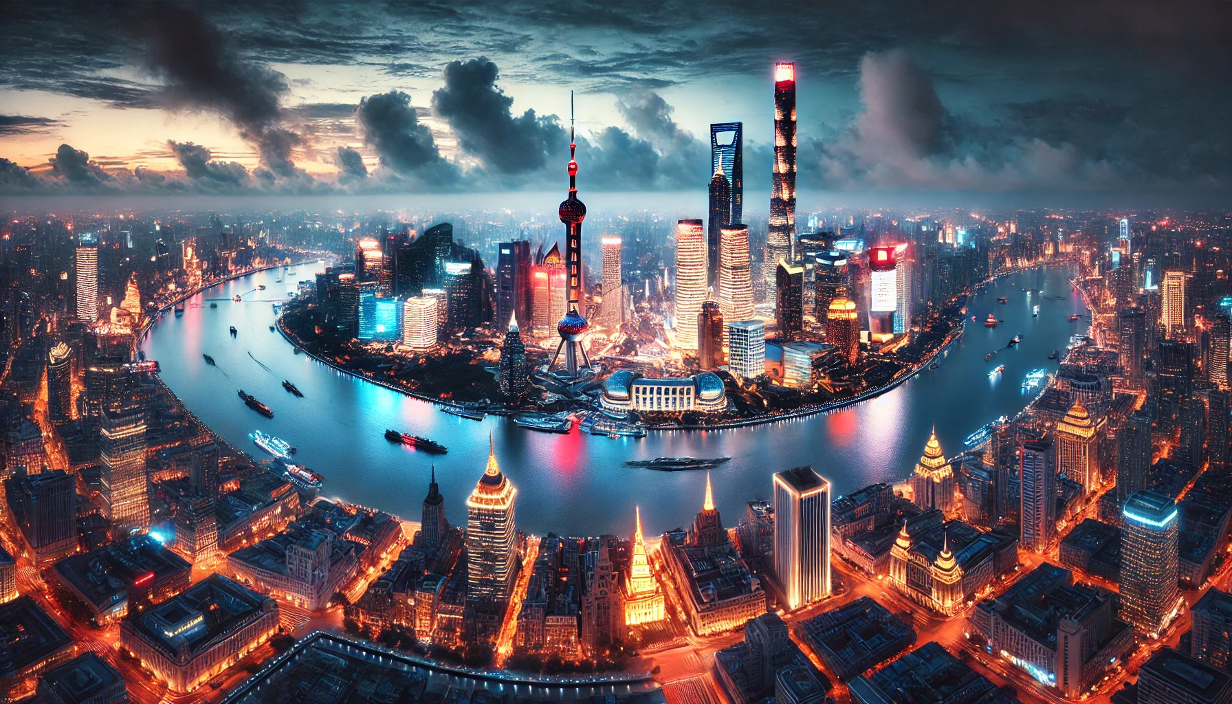 Een adembenemend luchtbeeld van Shanghai, de grootste stad ter wereld, met een skyline van torenhoge wolkenkrabbers zoals de Shanghai Tower en de Oriental Pearl TV Tower. De Huangpu-rivier kronkelt door de stad en weerspiegelt de levendige lichten. Het Bund-gebied toont een mix van historische en moderne architectuur. De drukke straten illustreren een mix van traditionele Chinese cultuur en hedendaags stadsleven, met neonlichten die de dynamische stadsgezichten verlichten