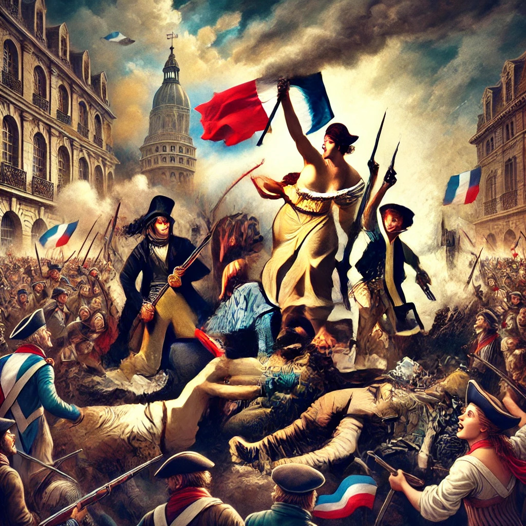 Een levendige en dramatische scène van de Franse Revolutie, waarin revolutionairen door een drukke straat in Parijs marcheren. Sommigen zwaaien met de Franse driekleurige vlag, anderen houden musketten vast en roepen leuzen. Op de achtergrond is de Bastille-gevangenis te zien die wordt bestormd, omringd door rook en chaos. De menigte bestaat uit diverse mannen en vrouwen van verschillende sociale achtergronden die verenigd zijn in hun zaak.