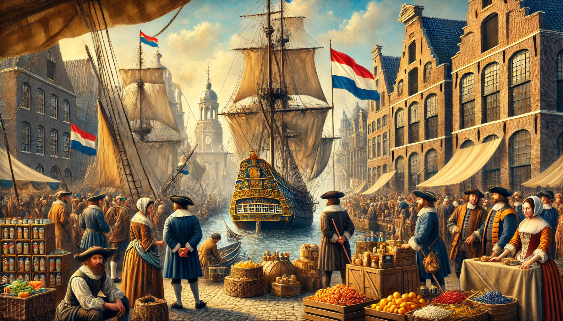 Een historische scène uit de Gouden Eeuw van de Verenigde Oost-Indische Compagnie (VOC) met een groot zeilschip met VOC-vlag, drukke havenactiviteiten met kooplieden en zeelieden, kratten met specerijen en Nederlandse architectuur op de achtergrond. De sfeer is levendig en druk, met mensen in periodiek-accurate kleding, waaronder handelaren, zeelieden en lokale arbeiders.