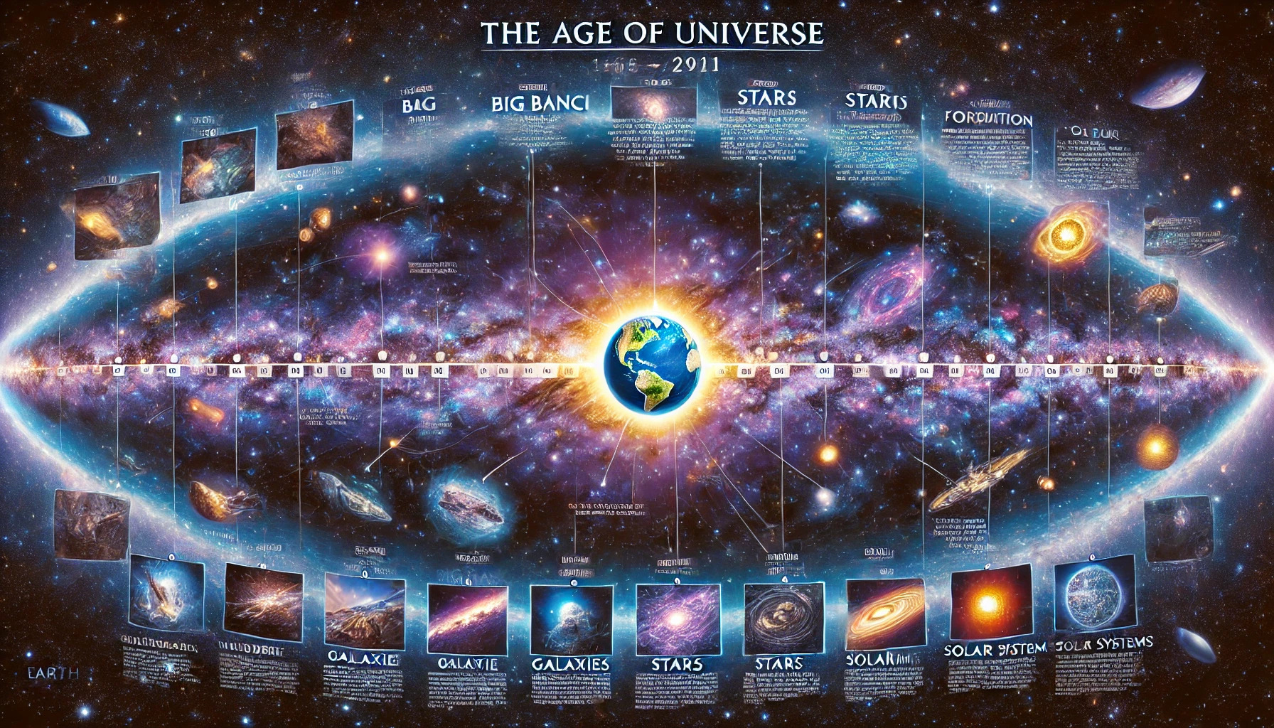 Een kosmische tijdlijn met een sterrengevulde achtergrond. Links begint de tijdlijn met de Big Bang, gevolgd door belangrijke kosmische gebeurtenissen zoals de vorming van sterrenstelsels, sterren en zonnestelsels. Aan de rechterkant is de huidige tijd weergegeven, met de aarde prominent gemarkeerd. De tijdlijn is voorzien van labels en visuele aanduidingen voor elke belangrijke gebeurtenis, in levendige kleuren en duidelijke tekst.