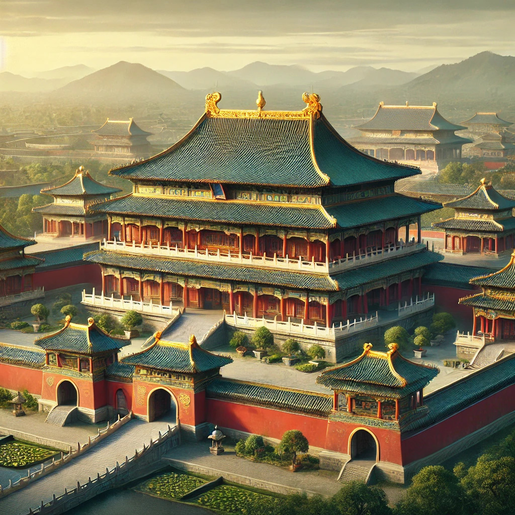 Een majestueus keizerlijk paleis uit de Ming-dynastie in China, met traditionele Chinese architectuur gekenmerkt door grote, gebogen daken met gouden ornamenten en ingewikkelde gravures. Het paleis ligt in een uitgestrekt complex met rode muren en groen betegelde daken, omgeven door prachtig aangelegde tuinen met stenen bruggen over vijvers vol lotusplanten. Mistige bergen zijn zichtbaar op de achtergrond, wat een serene en historische sfeer creëert.